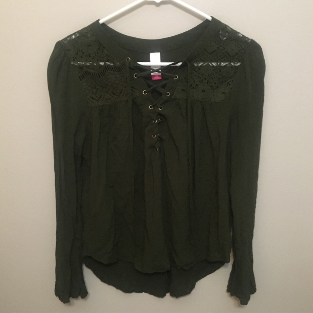 Lace up, sheer lace, slight bell sleeve